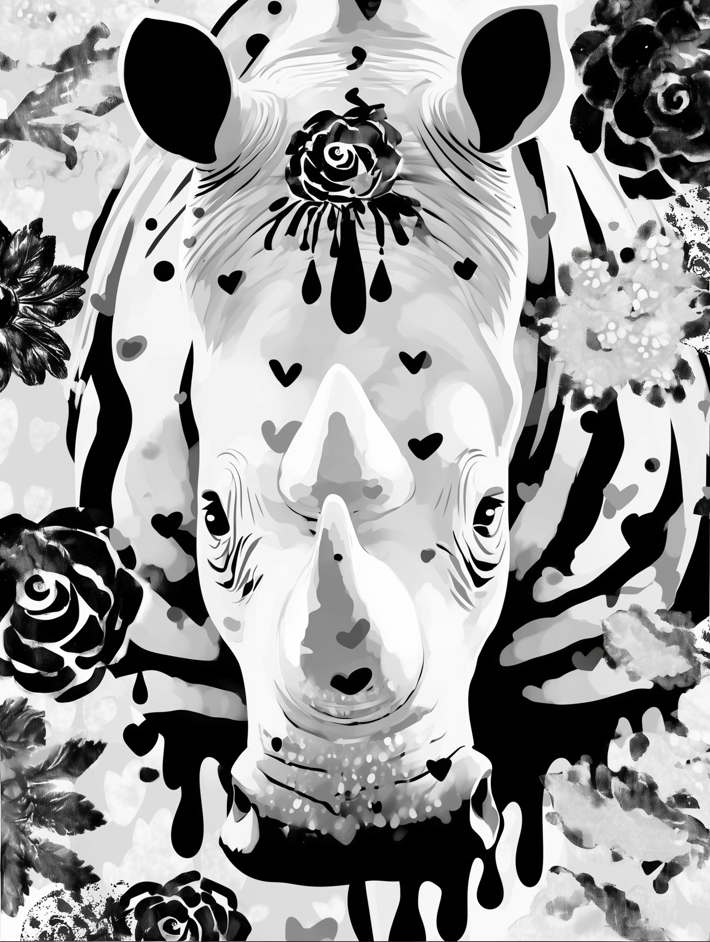 Free printable rhino coloring pages for adults featuring small hearts rhino face